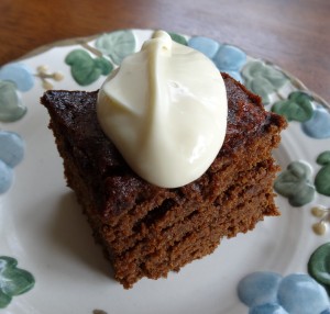 Gingerbread square with cream cheese topping